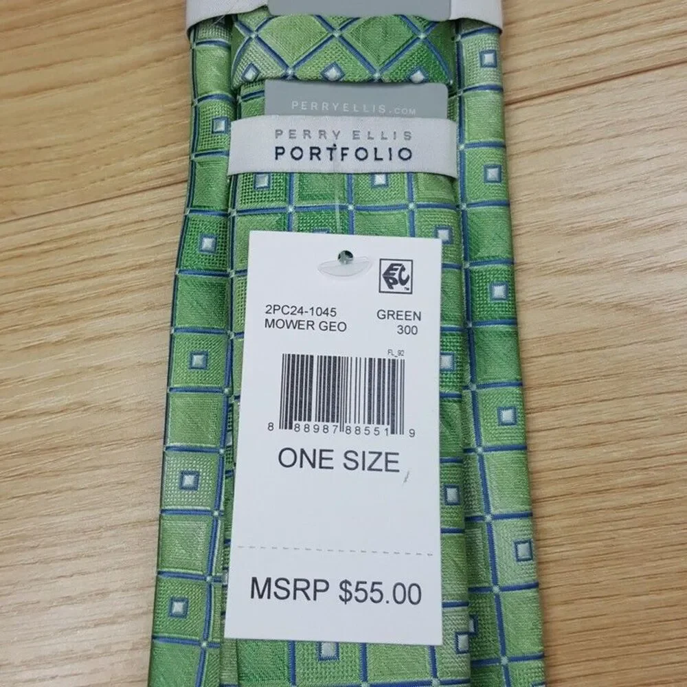 PERRY ELLIS Mens Neck Tie Green Satin Geo Tile Square Gradient Ombre Classic